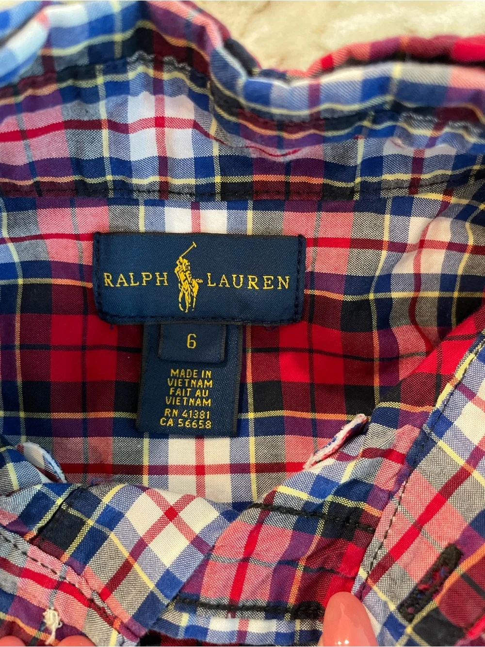 Ralph Lauren Plaid Boys Long Sleeve Button Down Top Size 6 Red and Blue Cotton